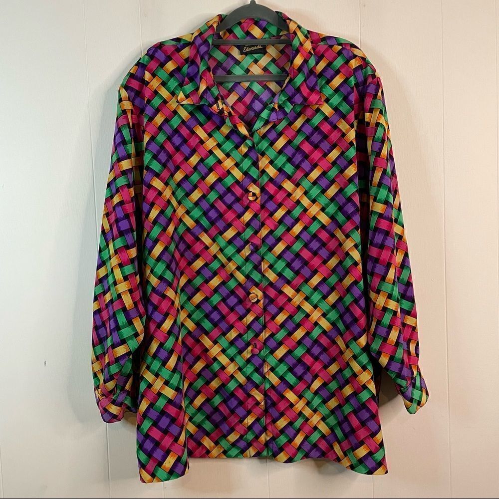 Vintage Steven Edwards Rainbow Basketweave Pattern Button Down Shirt